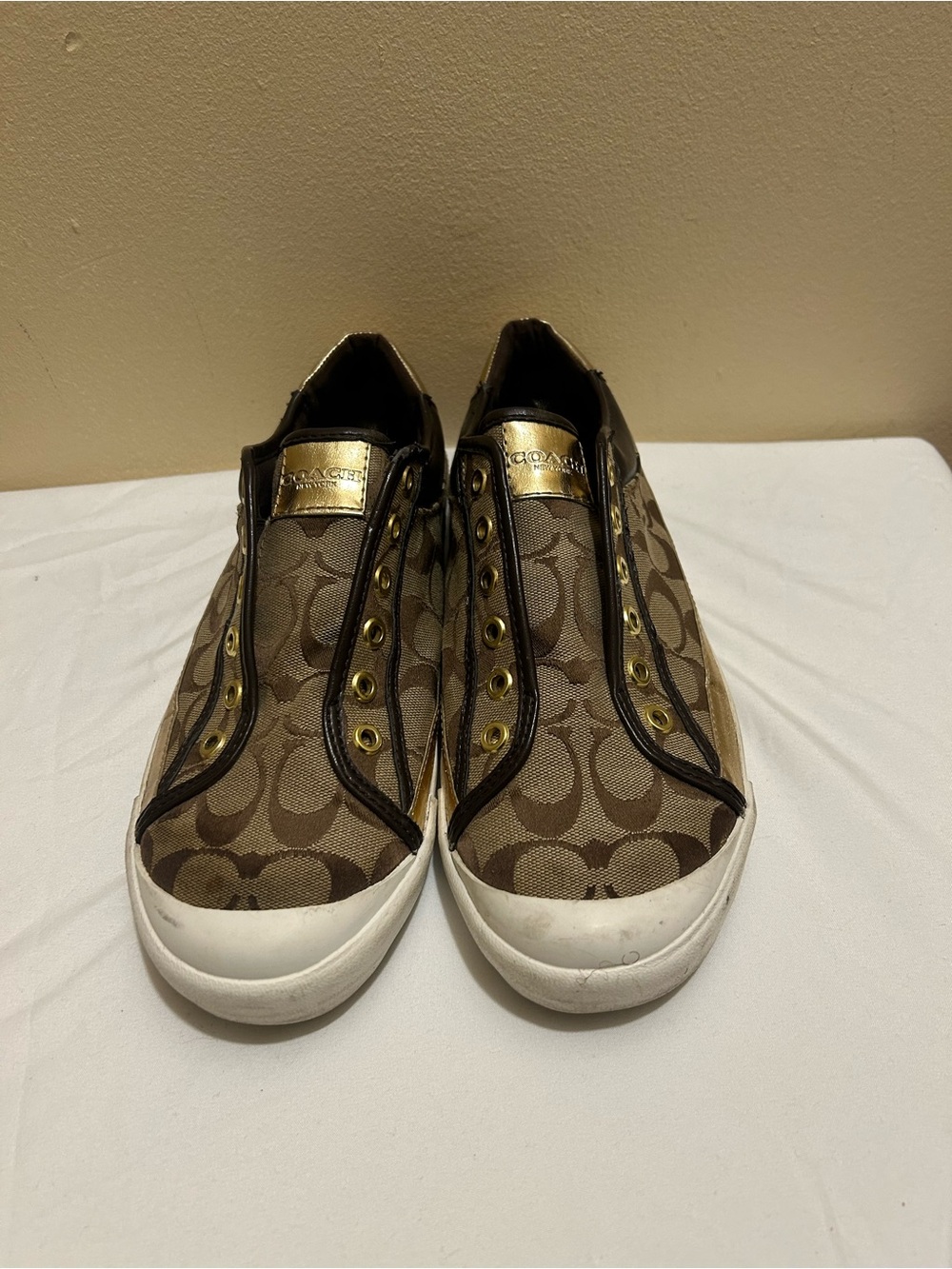 Coach Brown Signature Canvas Slip-On Sneakers with Gold Accents